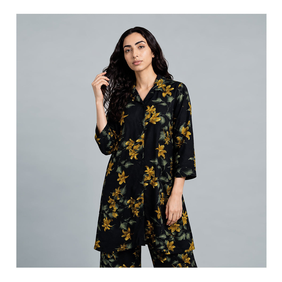 Basix Women's Flora Co-Ord Set Mid Night Blue With Golden Viscose CORD-134