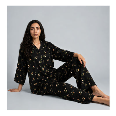 Basix Women's Small Flora Co-Ord Set Black Viscose CORD-135