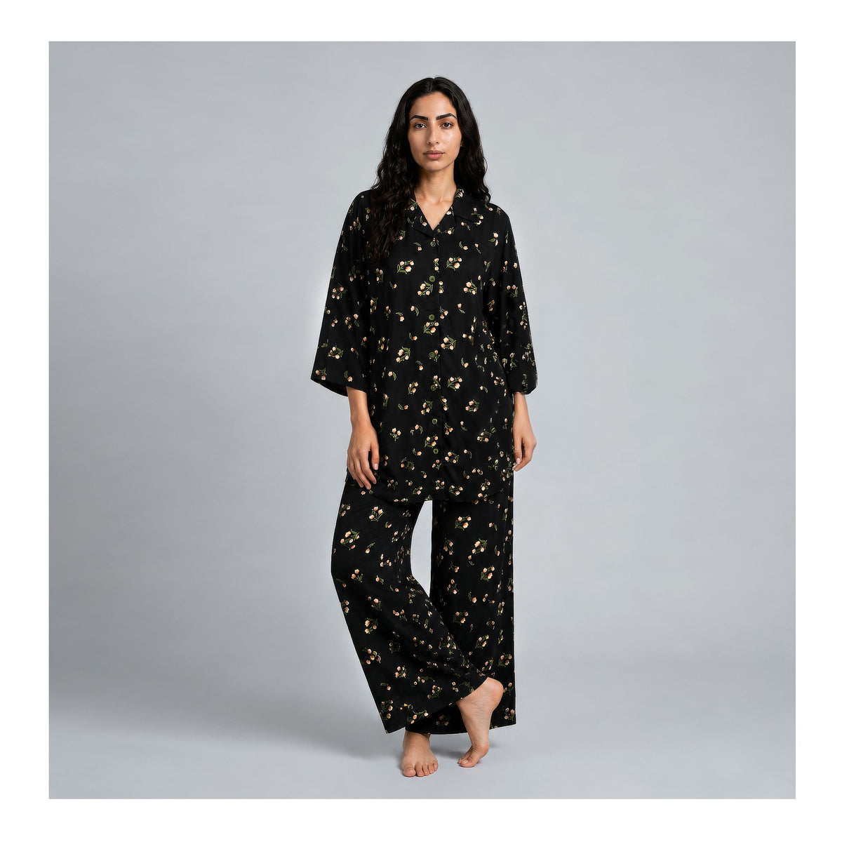 Basix Women's Small Flora Co-Ord Set Black Viscose CORD-135