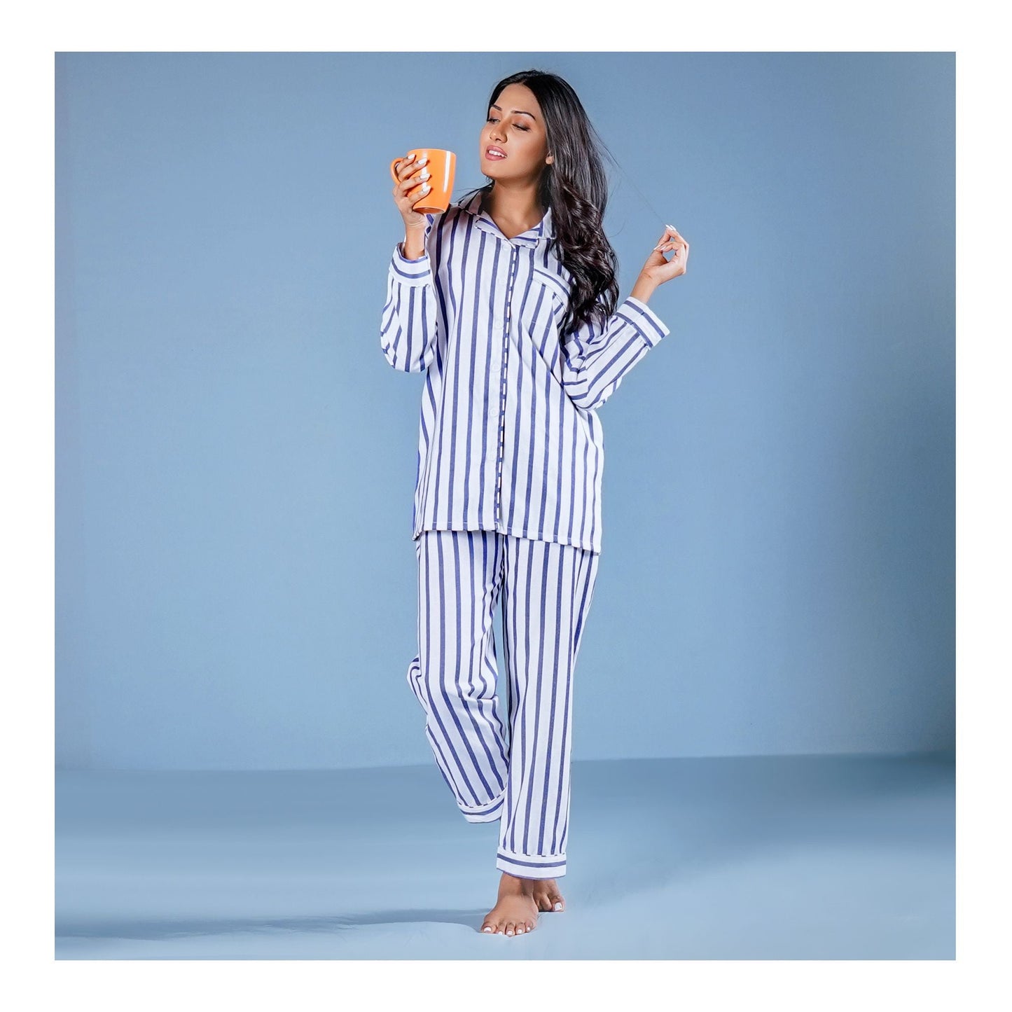 Basix Women's Stripes Print Loungewear Dress  2-Piece Set  Navy Blue & White  LW-595