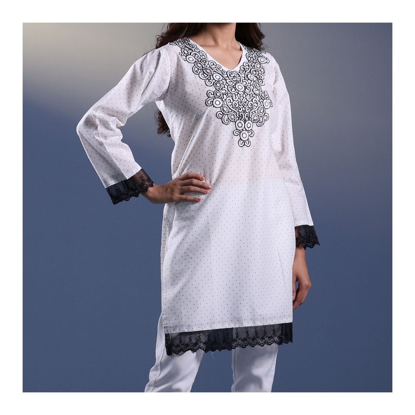 Basix Women's Embroidered Vanilla White Lawn Shirt With Black Net  LS-504