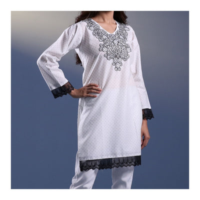 Basix Women's Embroidered Vanilla White Lawn Shirt With Black Net  LS-504