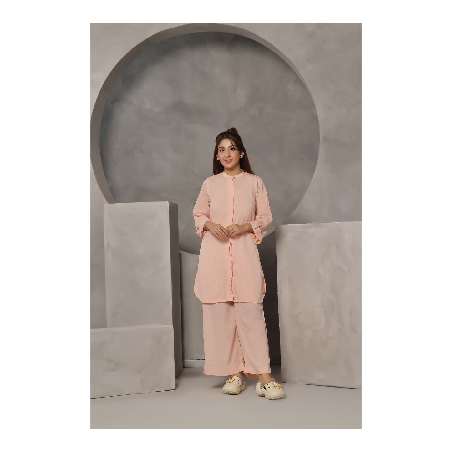 Basix Women's Solid Fusion Co-ord Set Dress, Embossed, Relax Fit, Pale Pink, CORD-107