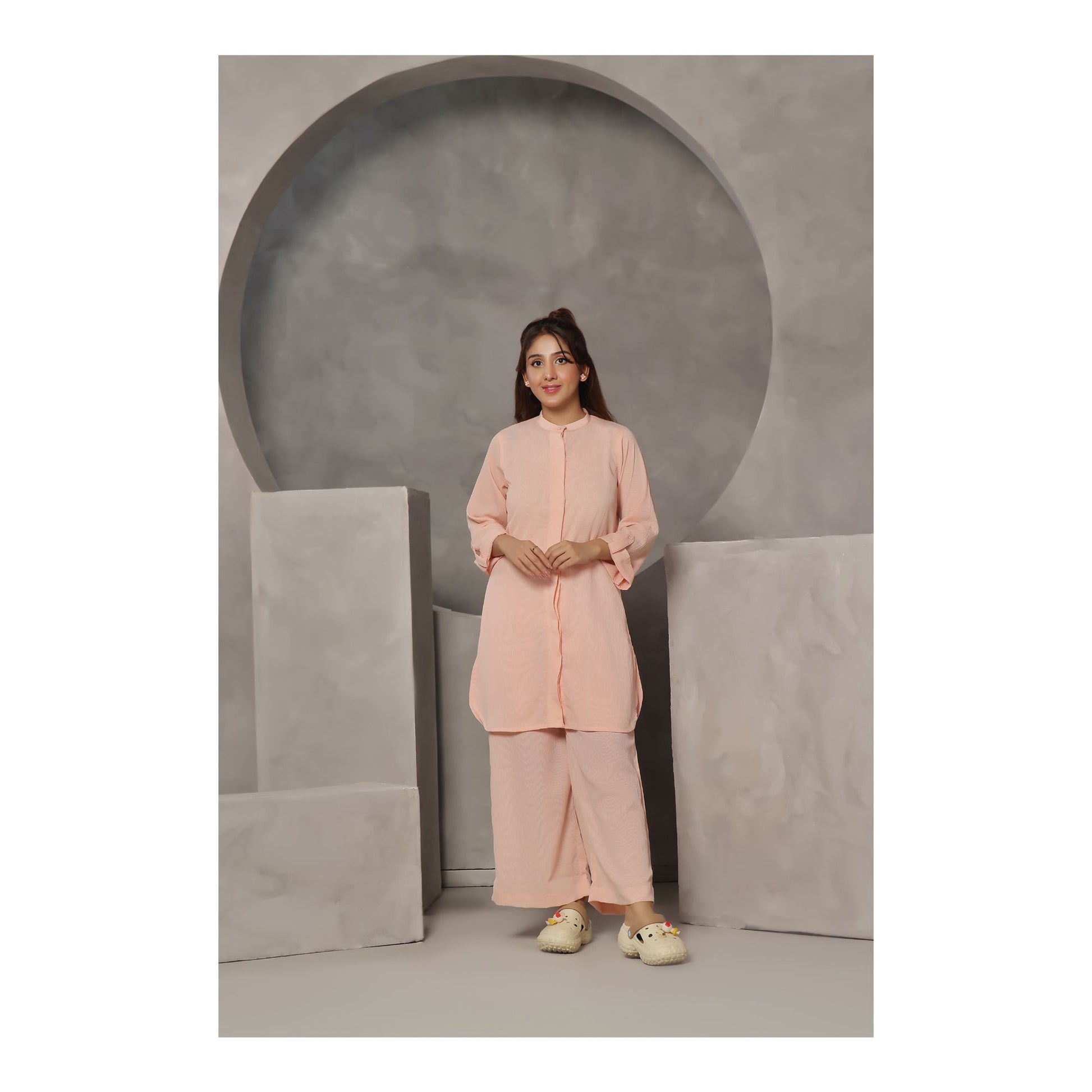 Basix Women's Solid Fusion Co-ord Set Dress, Embossed, Relax Fit, Pale Pink, CORD-107