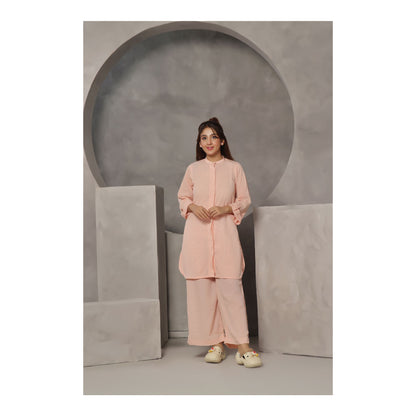 Basix Women's Solid Fusion Co-ord Set Dress, Embossed, Relax Fit, Pale Pink, CORD-107