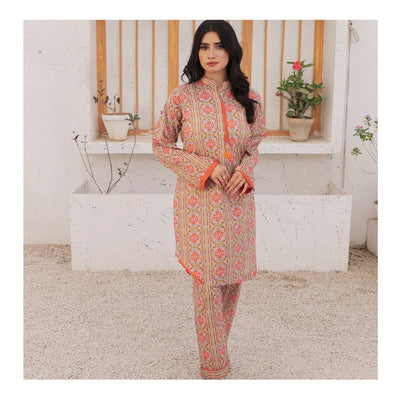 Basix Womens Orange N Multi Flowers With Buttons & Tassel   2 Piece - Lawn Shirt & Trouser  EW-104