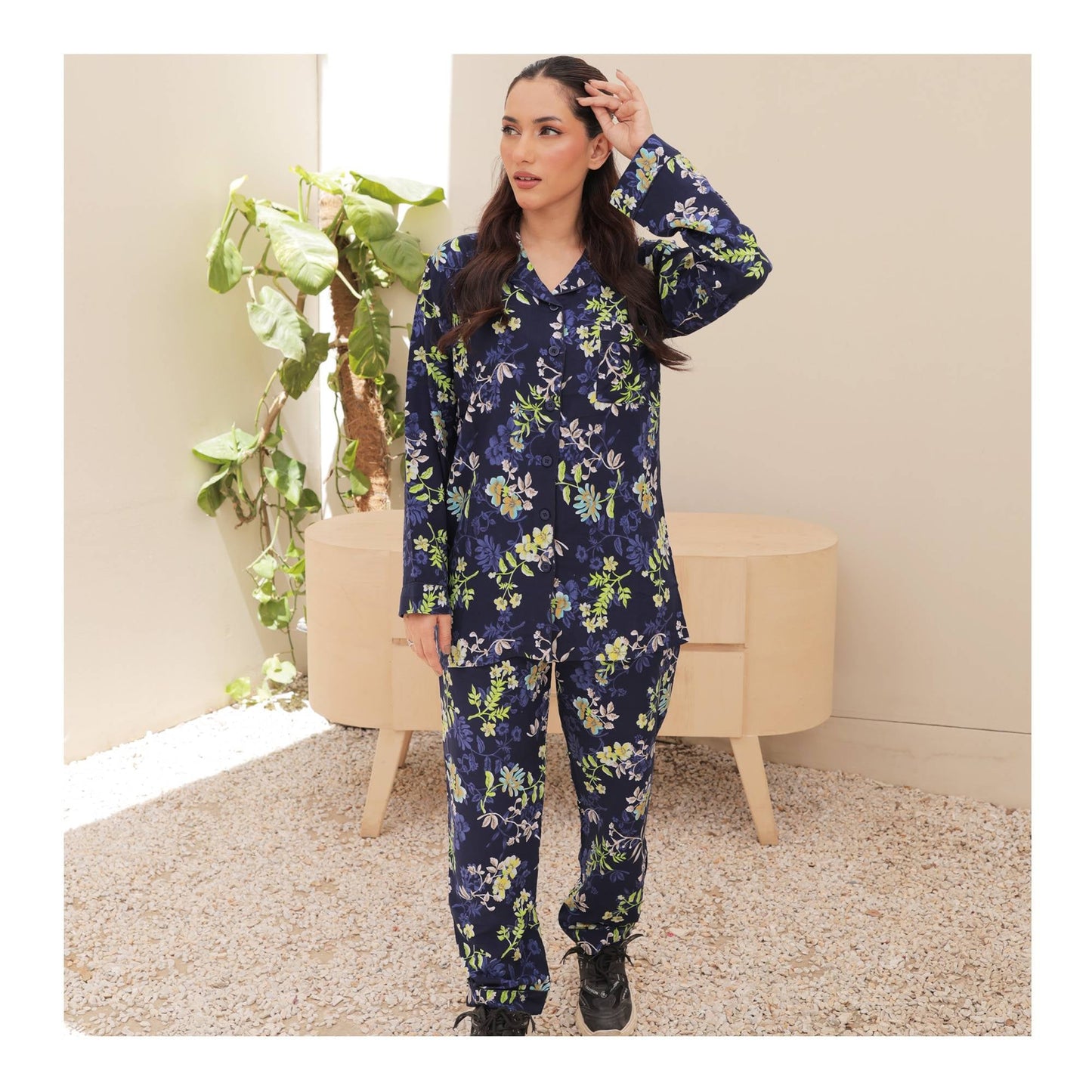 Basix Women's Floral Print Loungewear Dress  2-Piece Set  Navy Blue  LW-605