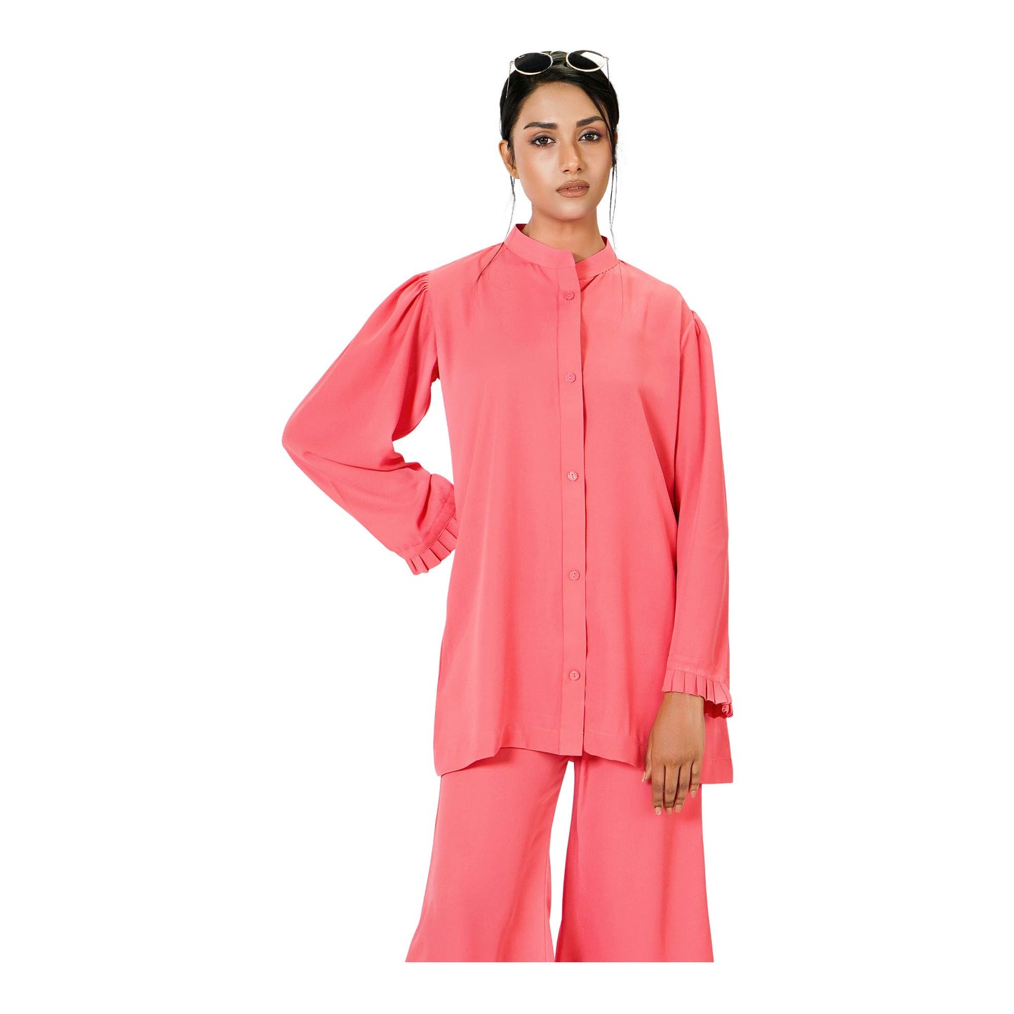 Basix Women's Peach Co-ord Set Dress, Frill Cuff & Bell Bottom Trouser, CORD-103