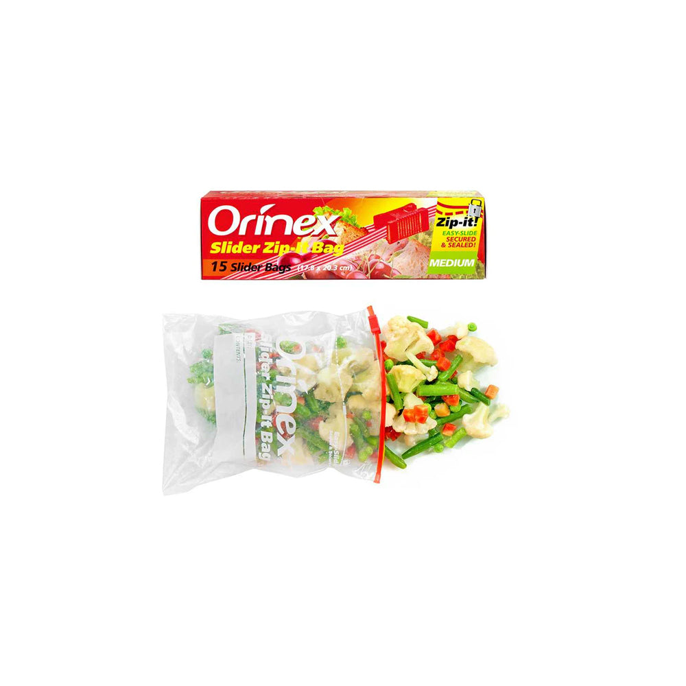 Orinex Slider Zip-Lock Bag, 7x8 Inches, Medium, 15-Pack, Food Grade