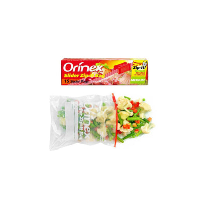 Orinex Slider Zip-Lock Bag, 7x8 Inches, Medium, 15-Pack, Food Grade
