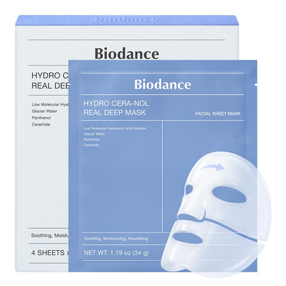 Biodance Hydro Cera-Nol Real Deep Facial Sheet Mask, Hyaluronic Acid, Niacinamide, For Sensitive Skin, 34g