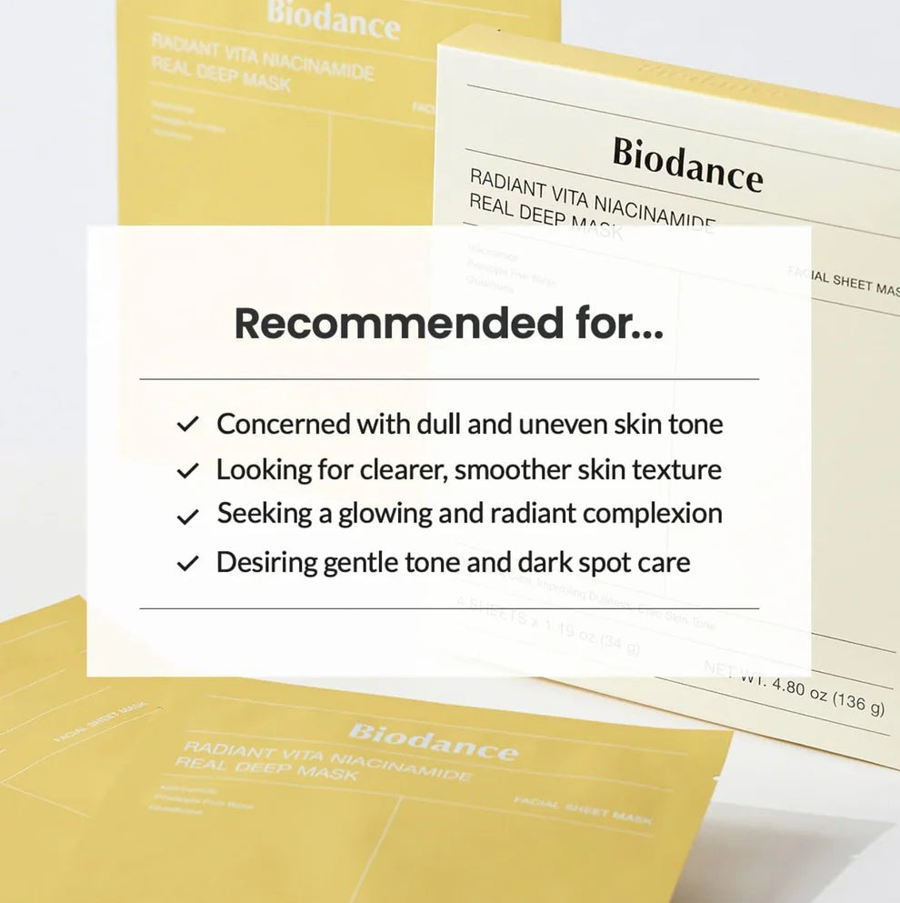Biodance Radiant Vita Niacinamide Facial Sheet Mask, Hyaluronic Acid, Niacinamide, For Sensitive Skin, 34g