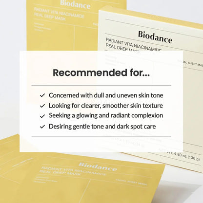 Biodance Radiant Vita Niacinamide Facial Sheet Mask, Hyaluronic Acid, Niacinamide, For Sensitive Skin, 34g