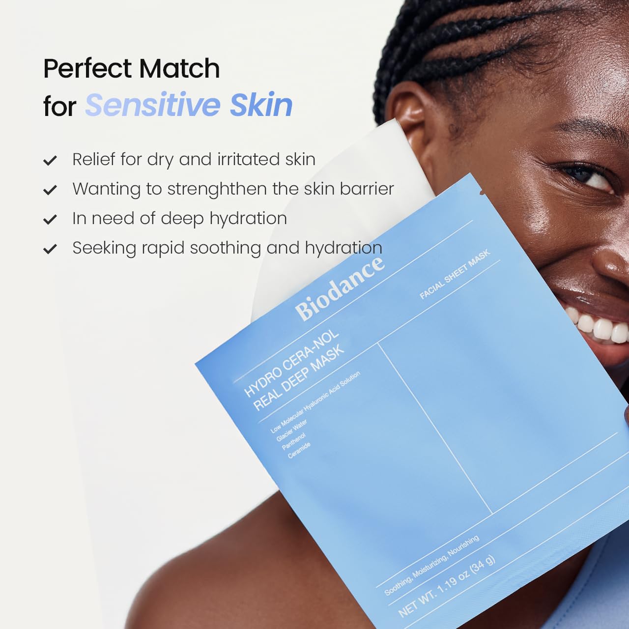 Biodance Hydro Cera-Nol Real Deep Facial Sheet Mask, Hyaluronic Acid, Niacinamide, For Sensitive Skin, 34g