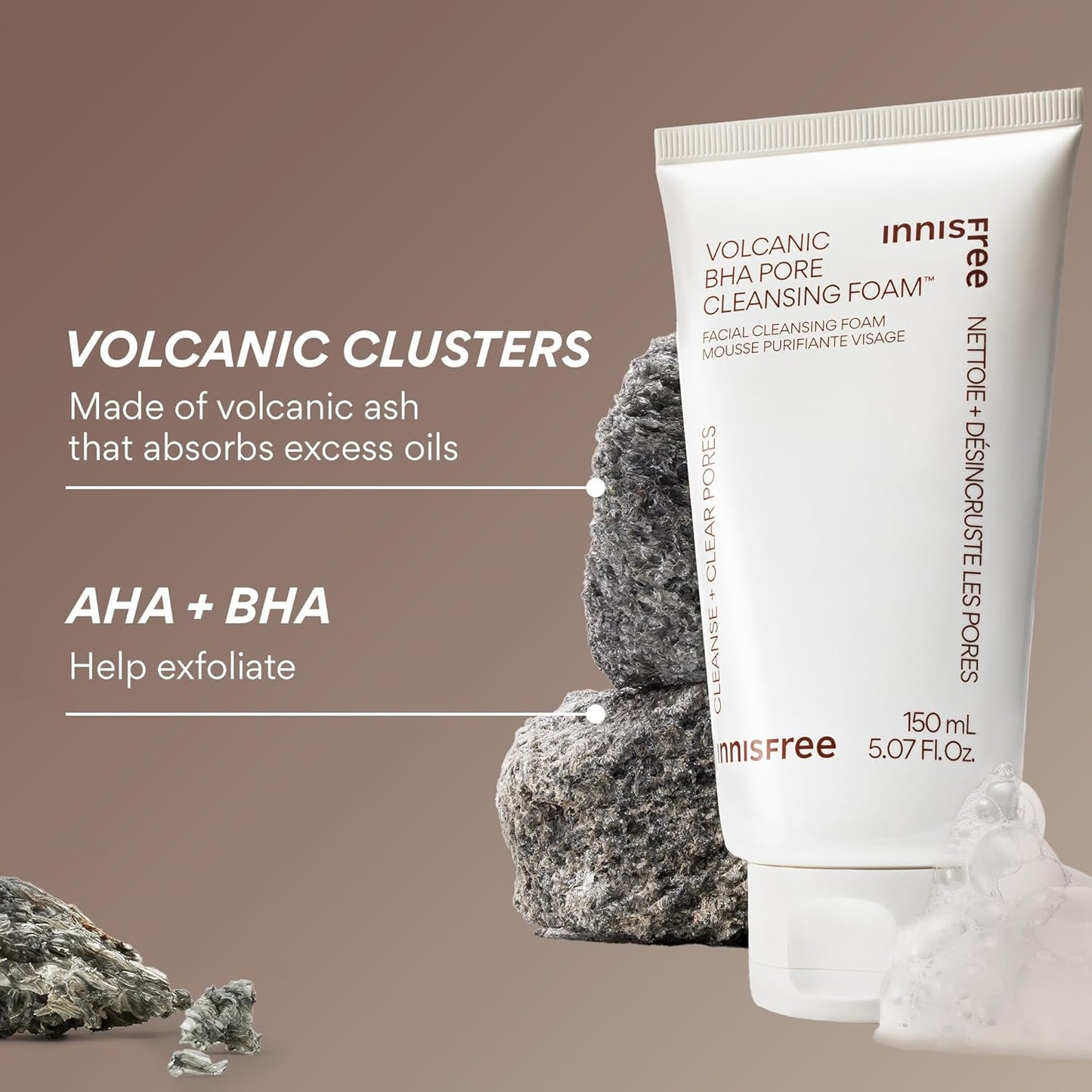 Innisfree Volcanic BHA Pore Cleansing Foam, Glycolid + Salicylic Acid, Paraben & Sulfates Free, For Combination & Oily, 150g