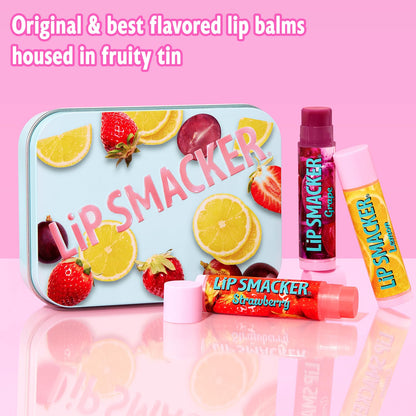 Lip Smacker Nostalgia Lip Balm Trio Tin, Moisturizing &amp; Hydrating Lip Care, Clear Glossy Finish, Fun &amp; Collectible Gift Set, Grape, Lemon, and Strawberry, 12g