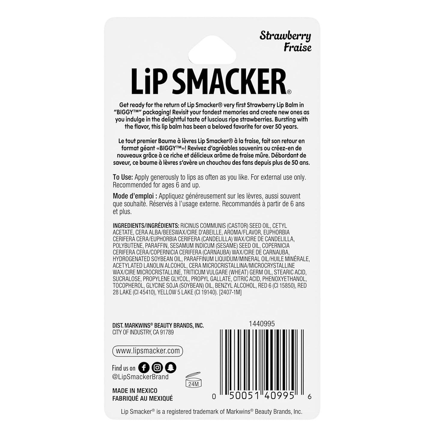 Lip Smacker Biggy Lip Balm, Nostalgic Flavor, Ultra-Moisturizing &amp; Hydrating, Clear Glossy Finish - Strawberry, 17g