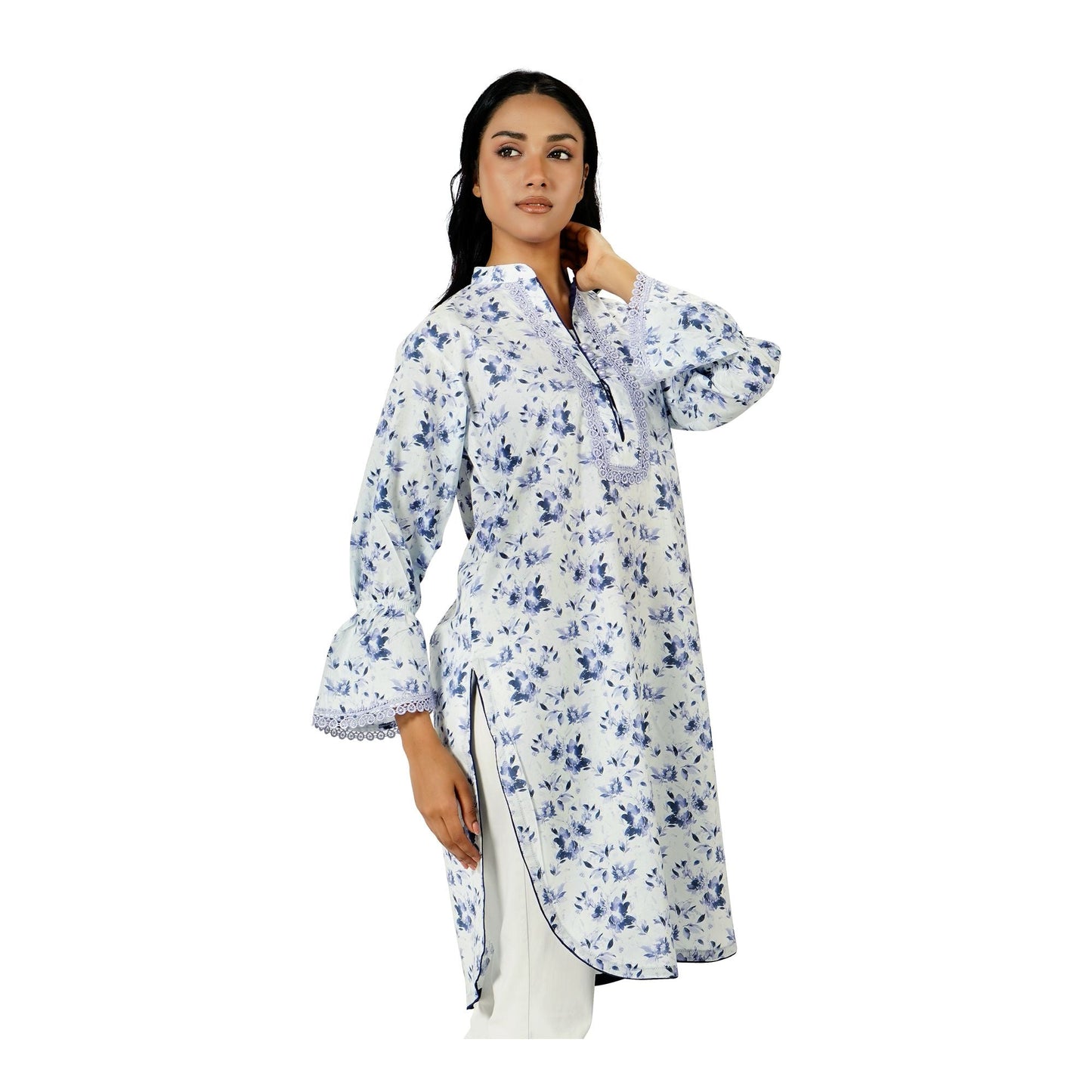 Basix White & Purple Cambric Fancy Shirt With Lace  CAS-511