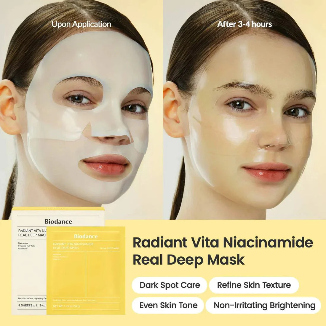 Biodance Radiant Vita Niacinamide Facial Sheet Mask, Hyaluronic Acid, Niacinamide, For Sensitive Skin, 34g