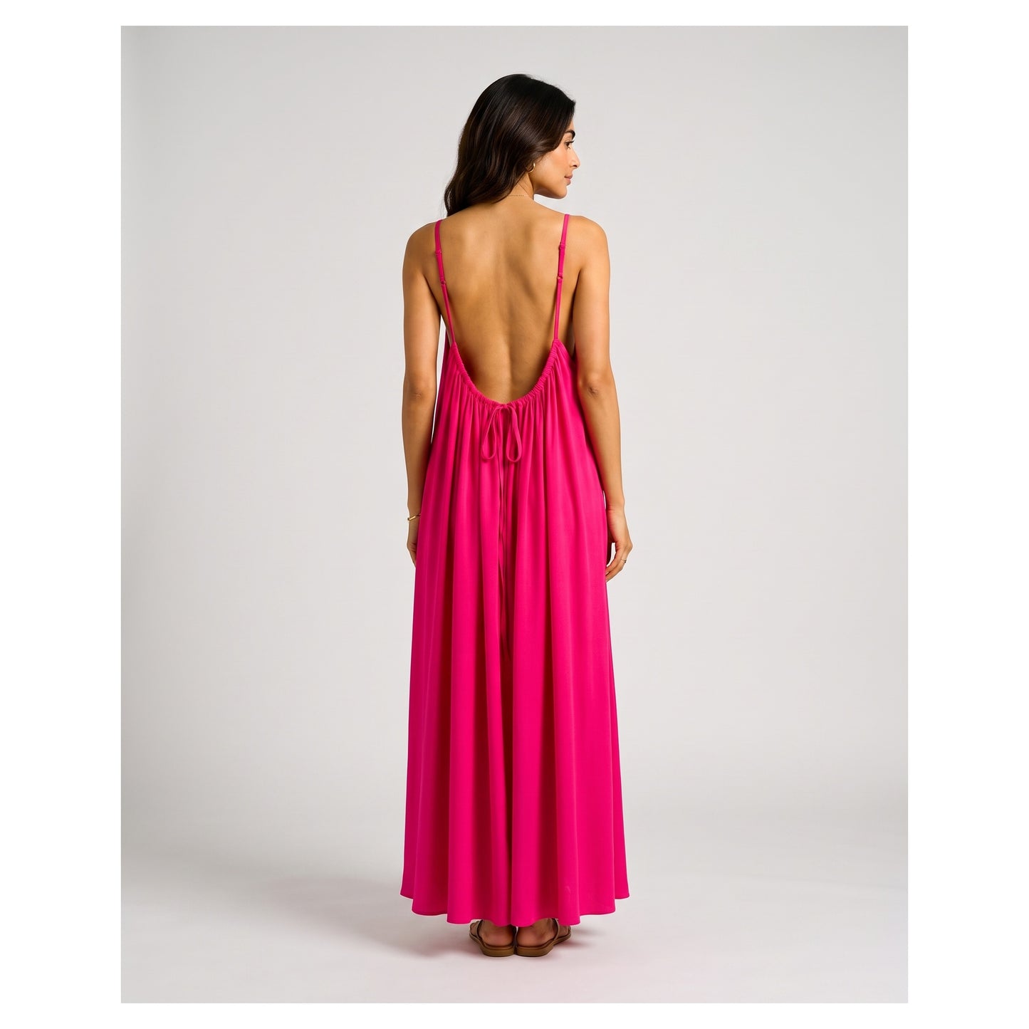 Basix Backless A-Line Gathered Maxi With Adjustable Straps & Tie Back, Hot Pink, Free Size, BM-103