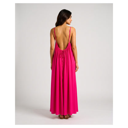 Basix Backless A-Line Gathered Maxi With Adjustable Straps & Tie Back, Hot Pink, Free Size, BM-103
