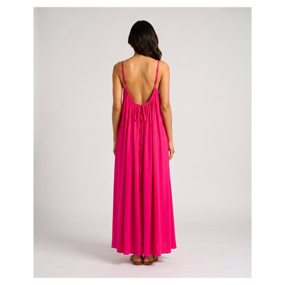Basix Backless A-Line Gathered Maxi With Adjustable Straps & Tie Back, Hot Pink, Free Size, BM-103