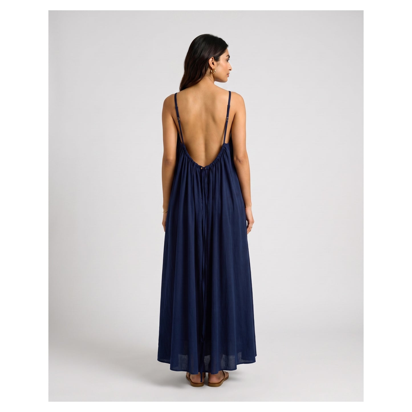 Basix Backless A-Line Gathered Maxi With Adjustable Straps & Tie Back, Navy, Free Size, BM-102