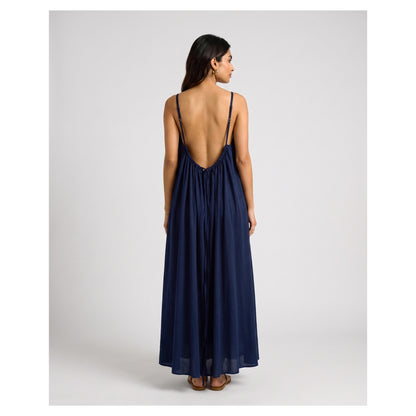 Basix Backless A-Line Gathered Maxi With Adjustable Straps & Tie Back, Navy, Free Size, BM-102