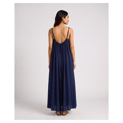 Basix Backless A-Line Gathered Maxi With Adjustable Straps & Tie Back, Navy, Free Size, BM-102
