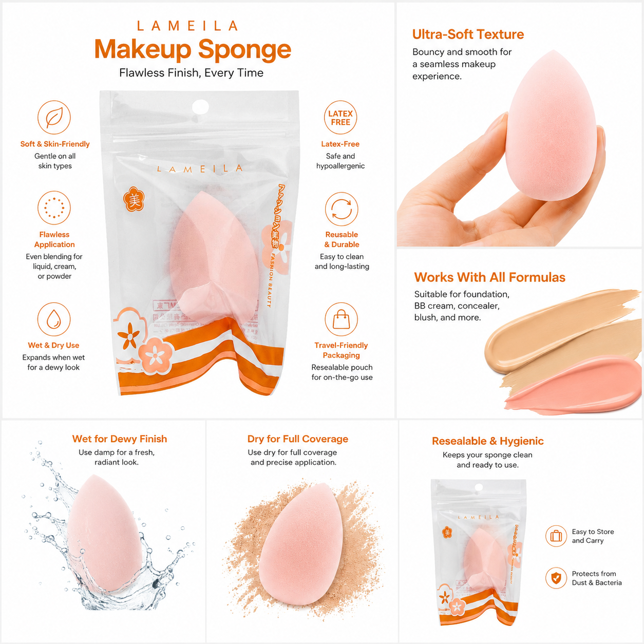 Lameila Beauty Makeup Sponge  Pink  A79946  1-Pack
