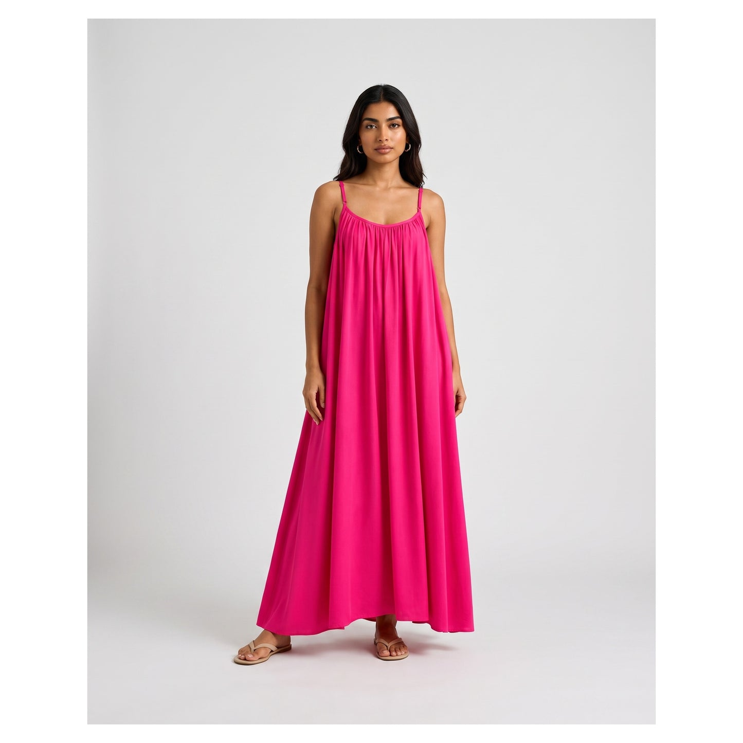 Basix Backless A-Line Gathered Maxi With Adjustable Straps & Tie Back, Hot Pink, Free Size, BM-103