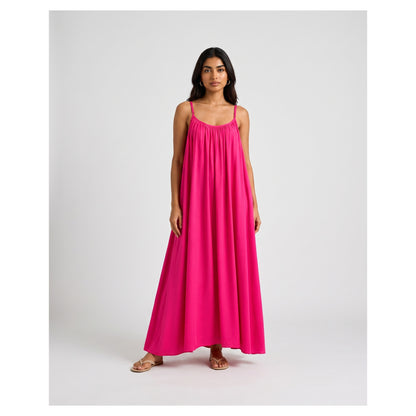 Basix Backless A-Line Gathered Maxi With Adjustable Straps & Tie Back, Hot Pink, Free Size, BM-103
