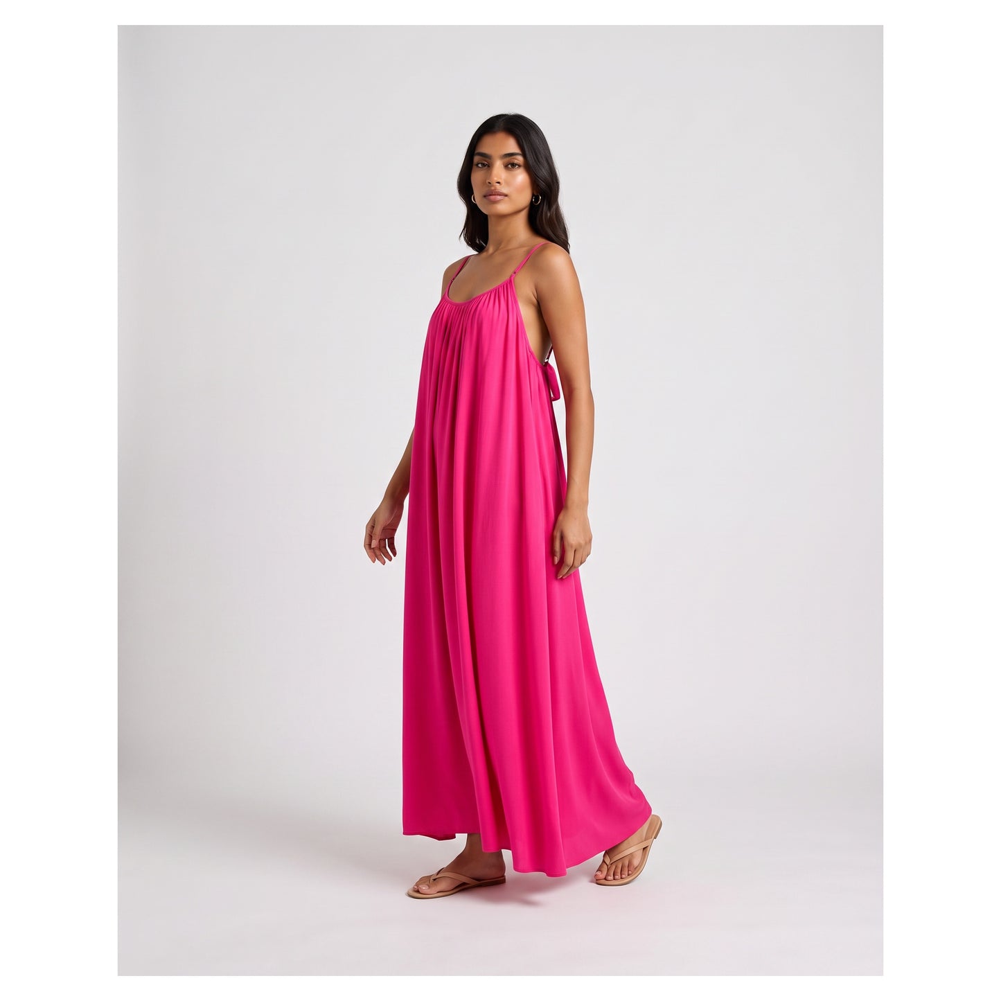 Basix Backless A-Line Gathered Maxi With Adjustable Straps & Tie Back, Hot Pink, Free Size, BM-103