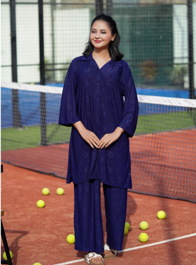 Basix Women's Stretch Fabric Self Print Co-Ord Set, Navy Blue, CORD-126