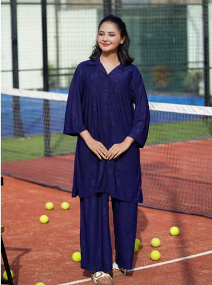 Basix Women's Stretch Fabric Self Print Co-Ord Set, Navy Blue, CORD-126