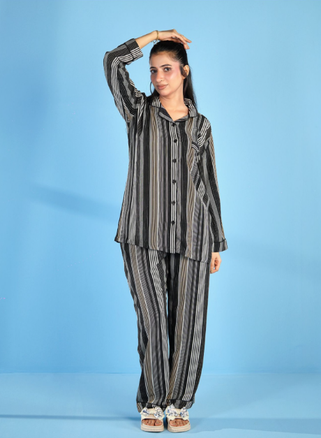 Basix Women's Stripes Loungewear 2 Pieces Set, Black Grey & White, LW-676