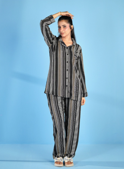 Basix Women's Stripes Loungewear 2 Pieces Set, Black Grey & White, LW-676
