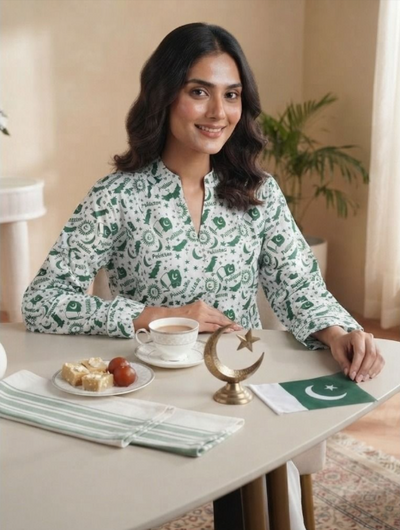 Basix Independence Day Pakistan Flag Kurti For Women, With Mask & Hair Band