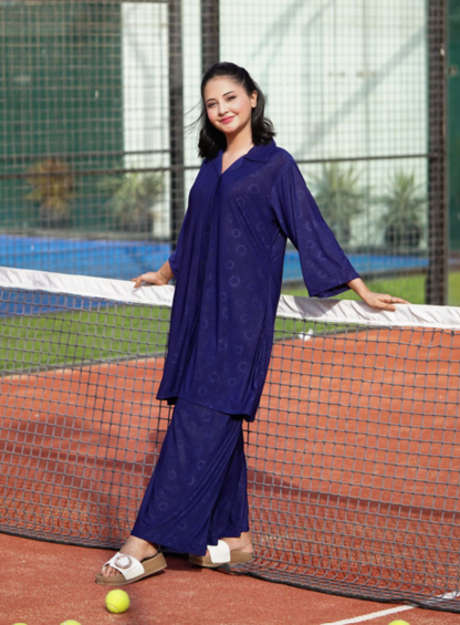 Basix Women's Stretch Fabric Self Print Co-Ord Set, Navy Blue, CORD-126