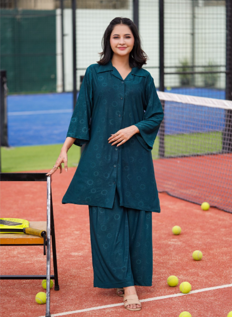 Basix Women's Stretch Fabric Self Print Co-Ord Set, Green, CORD-125