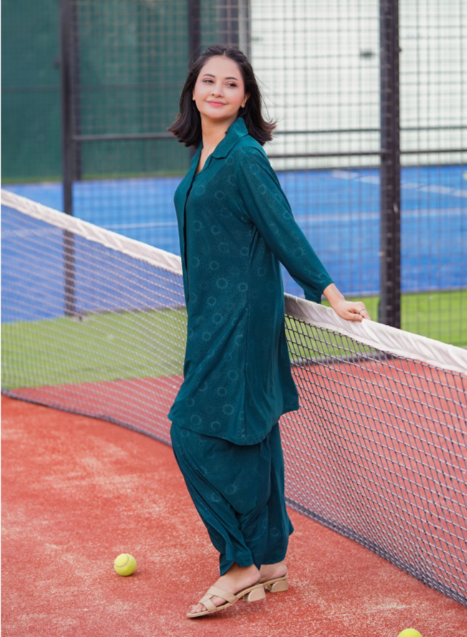 Basix Women's Stretch Fabric Self Print Co-Ord Set, Green, CORD-125