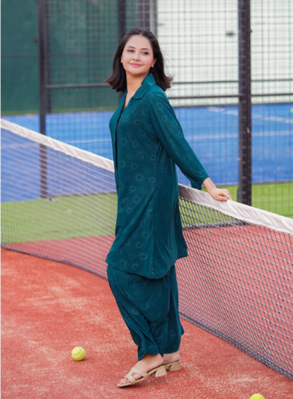 Basix Women's Stretch Fabric Self Print Co-Ord Set, Green, CORD-125