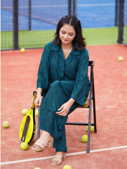 Basix Women's Stretch Fabric Self Print Co-Ord Set, Green, CORD-125