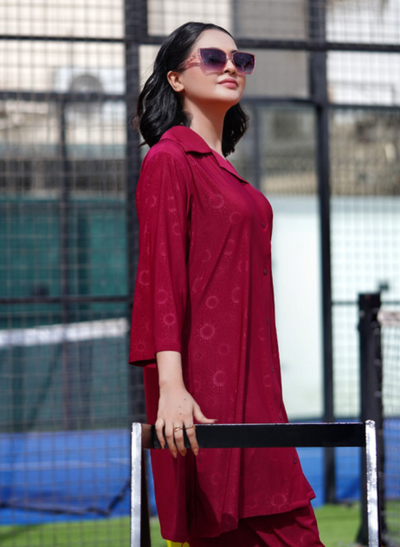 Basix Women's Stretch Fabric Self Print Co-Ord Set, Maroon, CORD-124