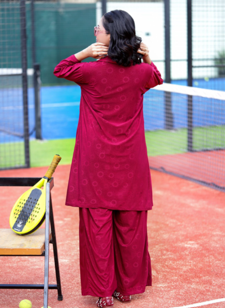 Basix Women's Stretch Fabric Self Print Co-Ord Set, Maroon, CORD-124