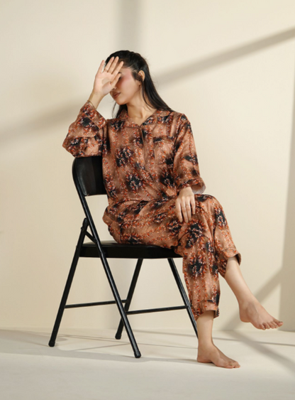 Basix Women's Floral Petals Loungewear 2 Pieces Set, Brown, LW-677