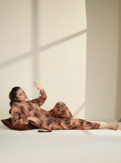 Basix Women's Floral Petals Loungewear 2 Pieces Set, Brown, LW-677
