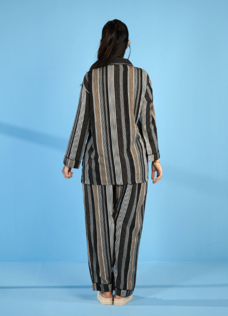 Basix Women's Stripes Loungewear 2 Pieces Set, Black Grey & White, LW-676