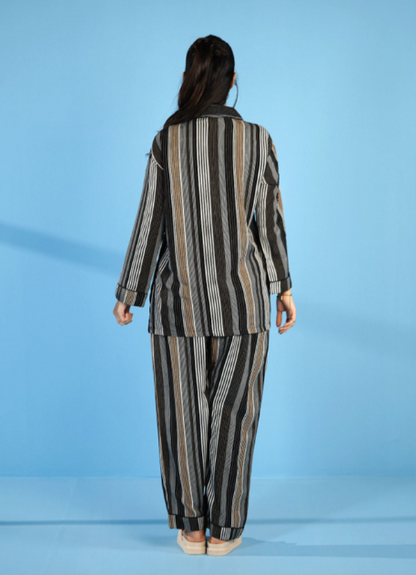 Basix Women's Stripes Loungewear 2 Pieces Set, Black Grey & White, LW-676