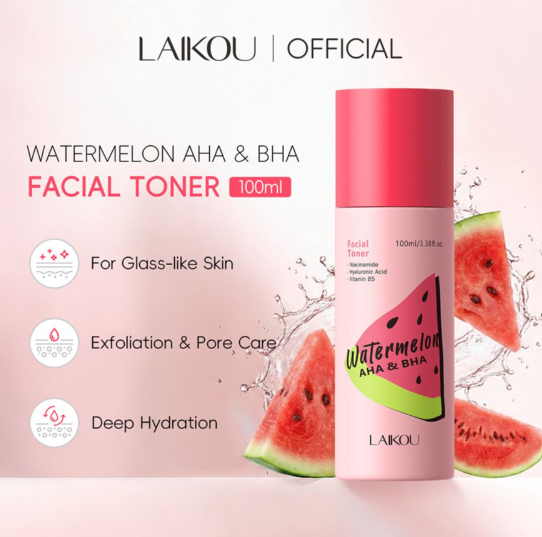 Laikou Watermelon AHA & BHA Facial Toner, Lactic Acid, Salicylic Acid, For All Types Of Skin, 100ml, LK32265A